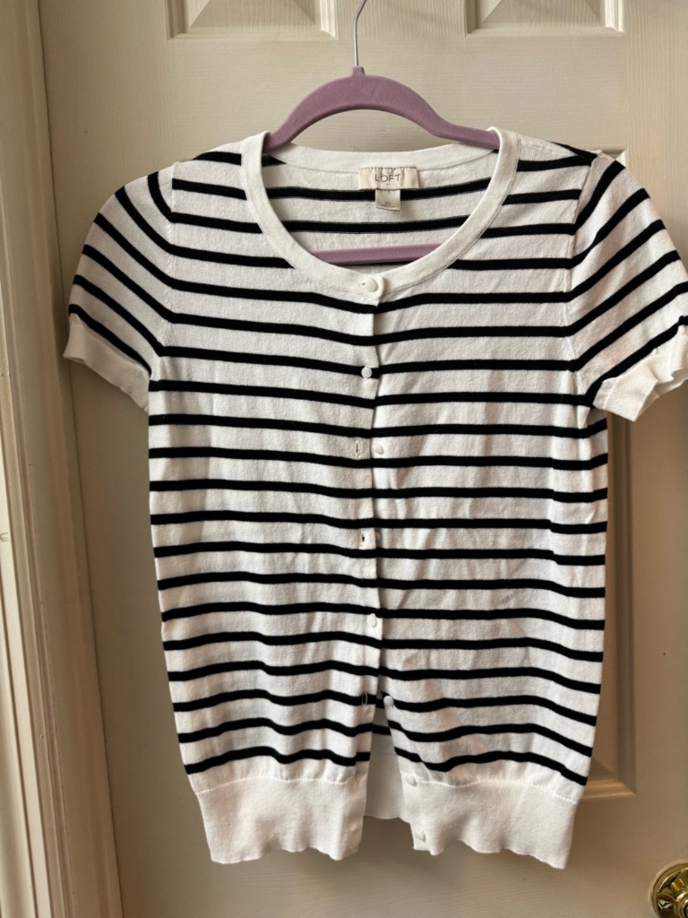 LOFT Black & White Striped Short-Sleeve Button Cardigan